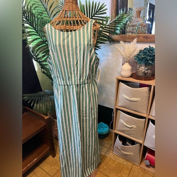 Green & White Striped Sleeveless Maxi Dress With Elastic Waist & Square Neckline - Picture 12 of 14